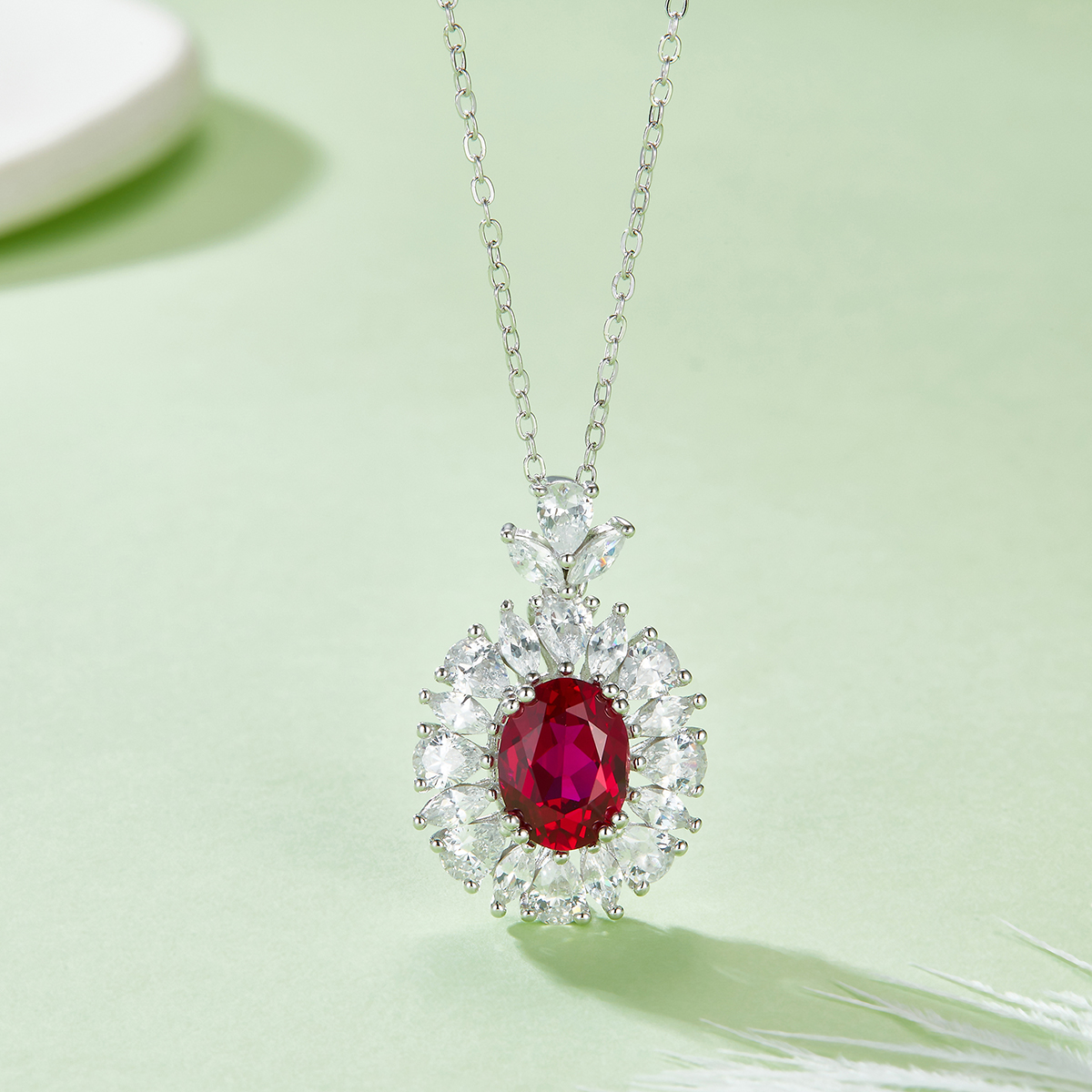 S925 Silver 4.6g Platinum Plated 2ct Lab-Created Ruby Necklace, 9x7mm Vintage Halo, 40&5cm photo 2