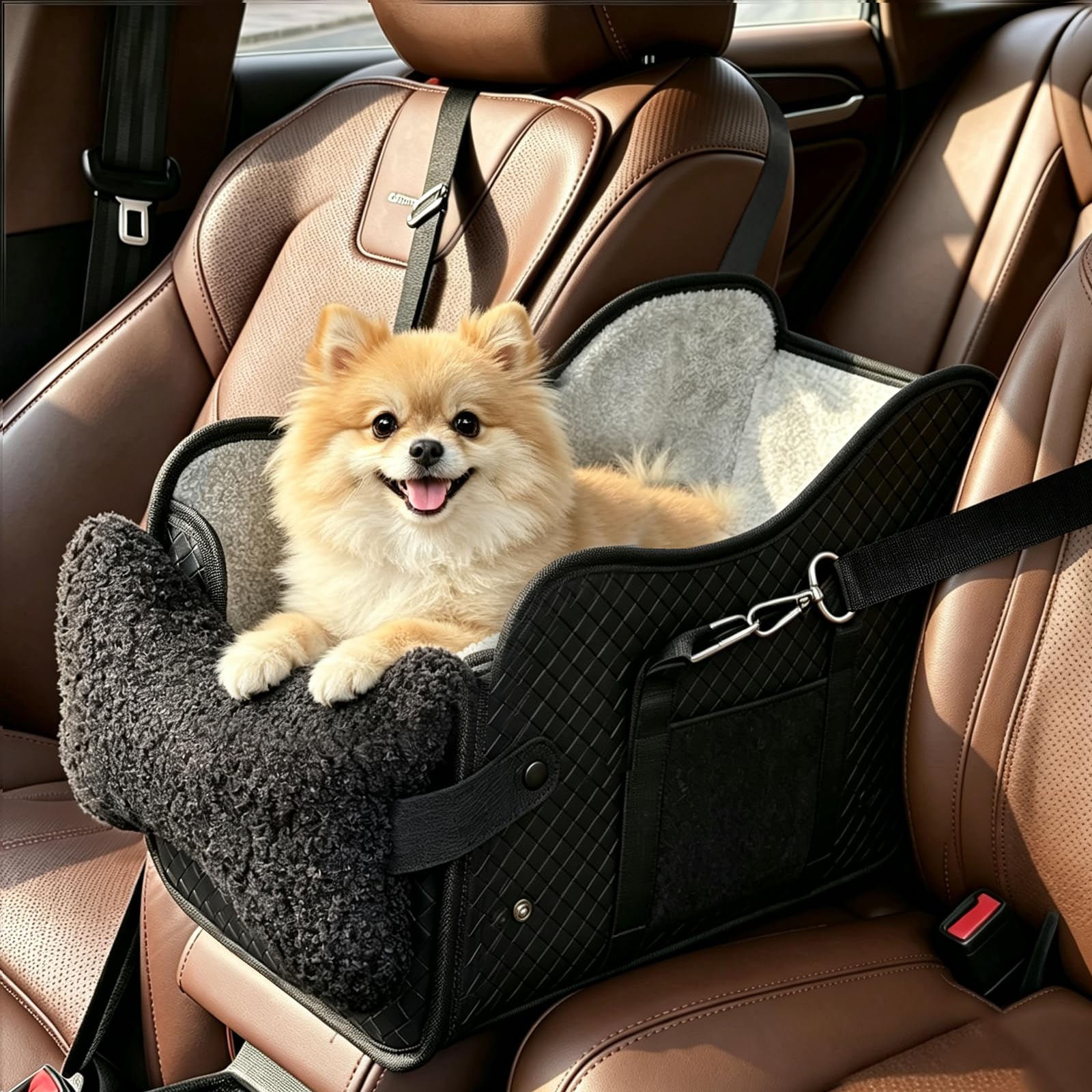 Center Console Dog Car Seat For Small Dogs, Dog Booster Seat To 15lbs Portable Puppy Car Seat With Adjustable Straps, Storage Pocket, Anti-Collapse, Washable Reversible Seat Cushion Black photo 1