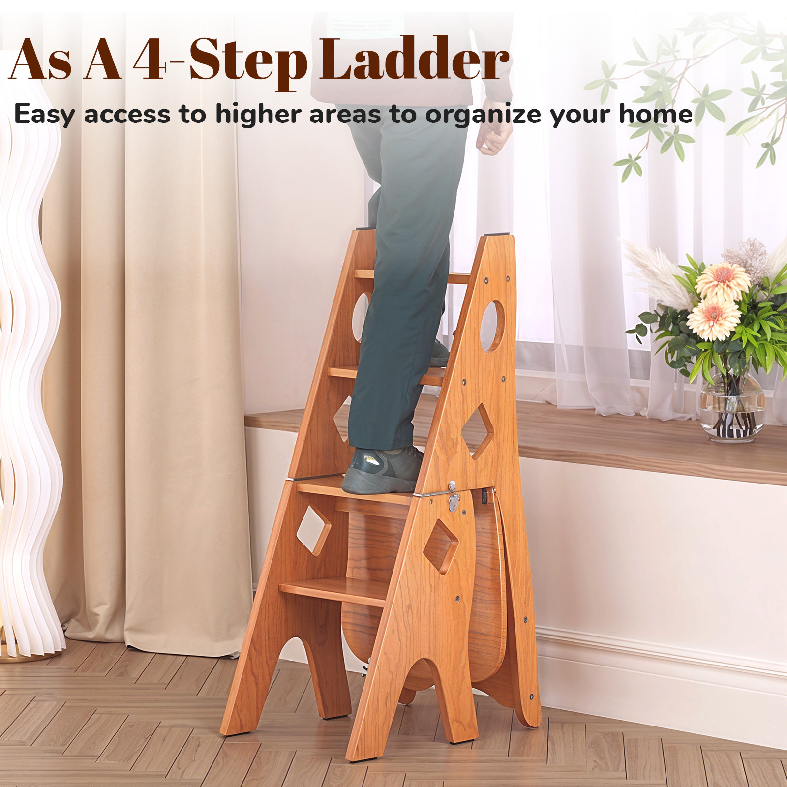 Multipurpose Folding Wooden Library Step Ladder Chair Step High Chair Step Stool photo 7