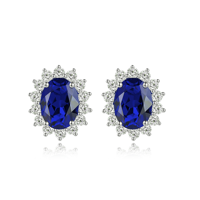 S925 Silver 3.1g Lab-Created Ruby Sapphire Emerald Paraiba Earrings, 8x6mm Halo, 4 Colors photo 4