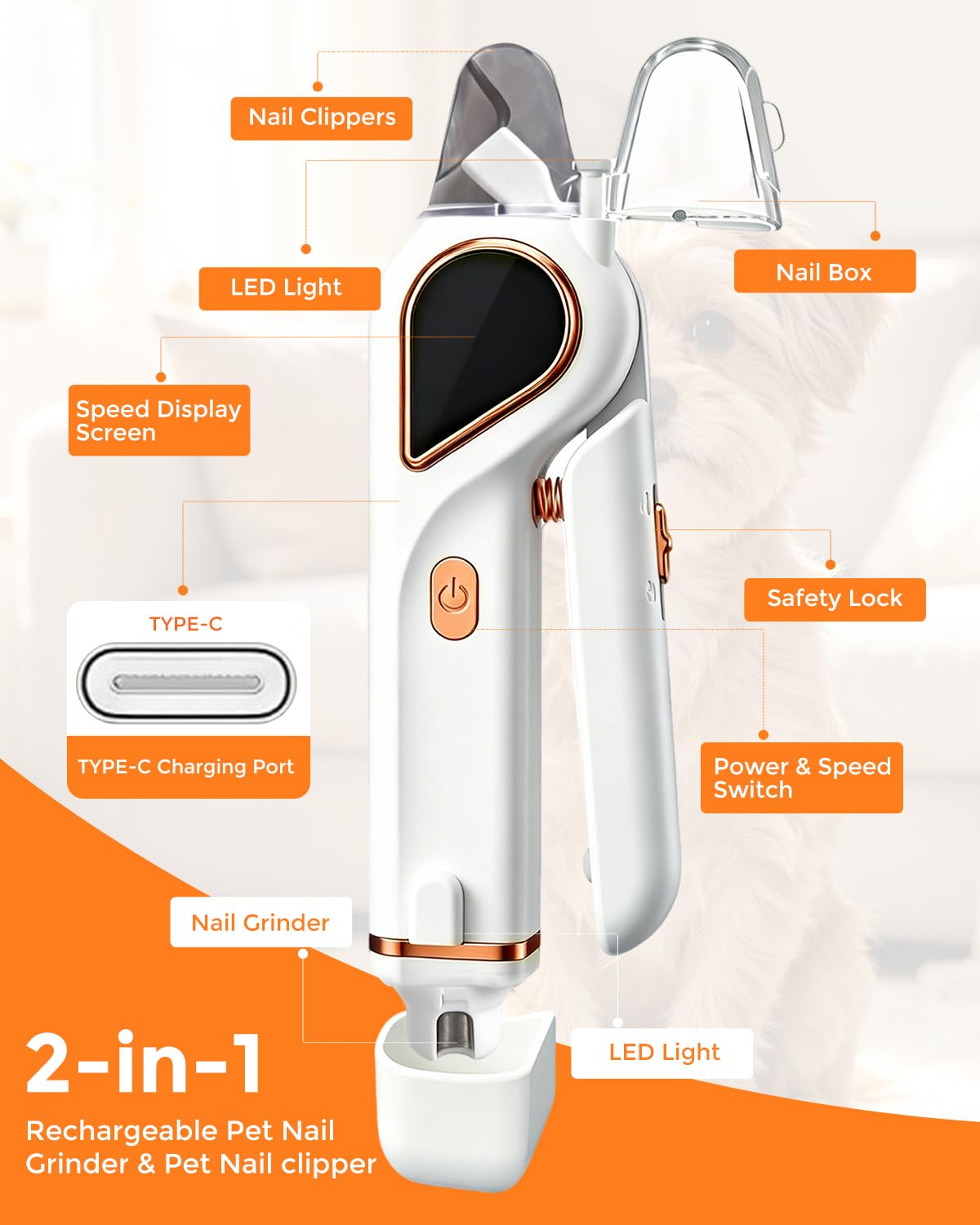 2-in-1 Dog Nail Clippers & Cat Grinder With Dual LED Lights 3 Speeds Grinder, Quick Sensor, Safety Guard, Safety Lock, Type-C, Low Decibel Grinder For Small Medium Large Dogs & Cats photo 6