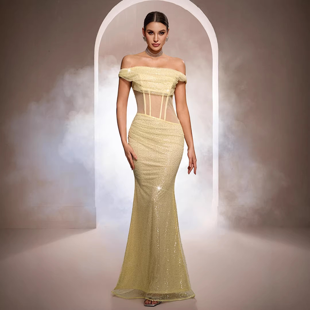 Sleeveless Off-the-shoulder Sequined Mermaid Evening Gown photo 1
