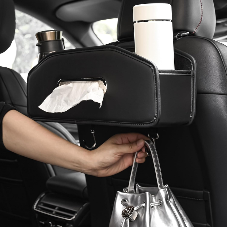 Car Seat Back Organizer With 2 Drink Cup Holder, Car Tissue Holder And Storage Box Hook, 3 In 1 Multifunctional Storage For Food Drink Phone, Travel Accessories Black photo 1