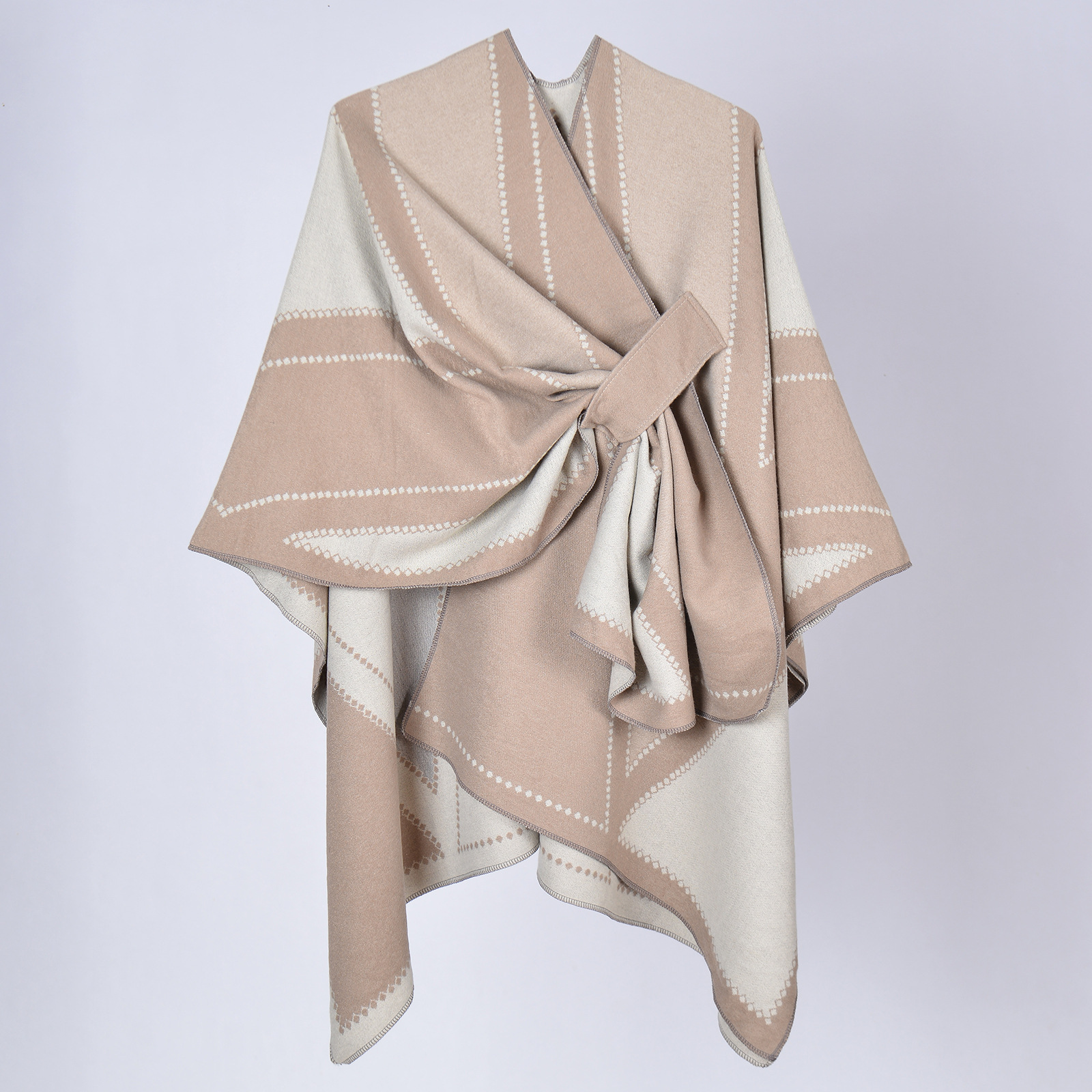 Women's Belted Shawl, Fashion Designer Thick Faux Cashmere Split Poncho Catwalk Outerwear photo 5