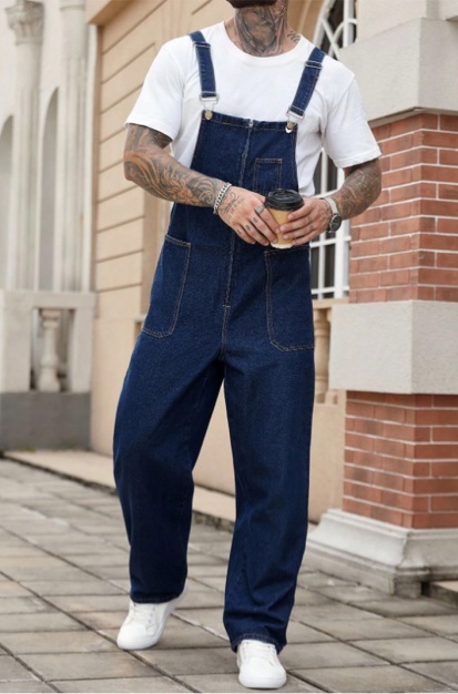 US Ready Stock Mens Denim Overalls Dark Blue Loose Fit Straight Leg Bib Overalls Casual Workwear For Men photo 2