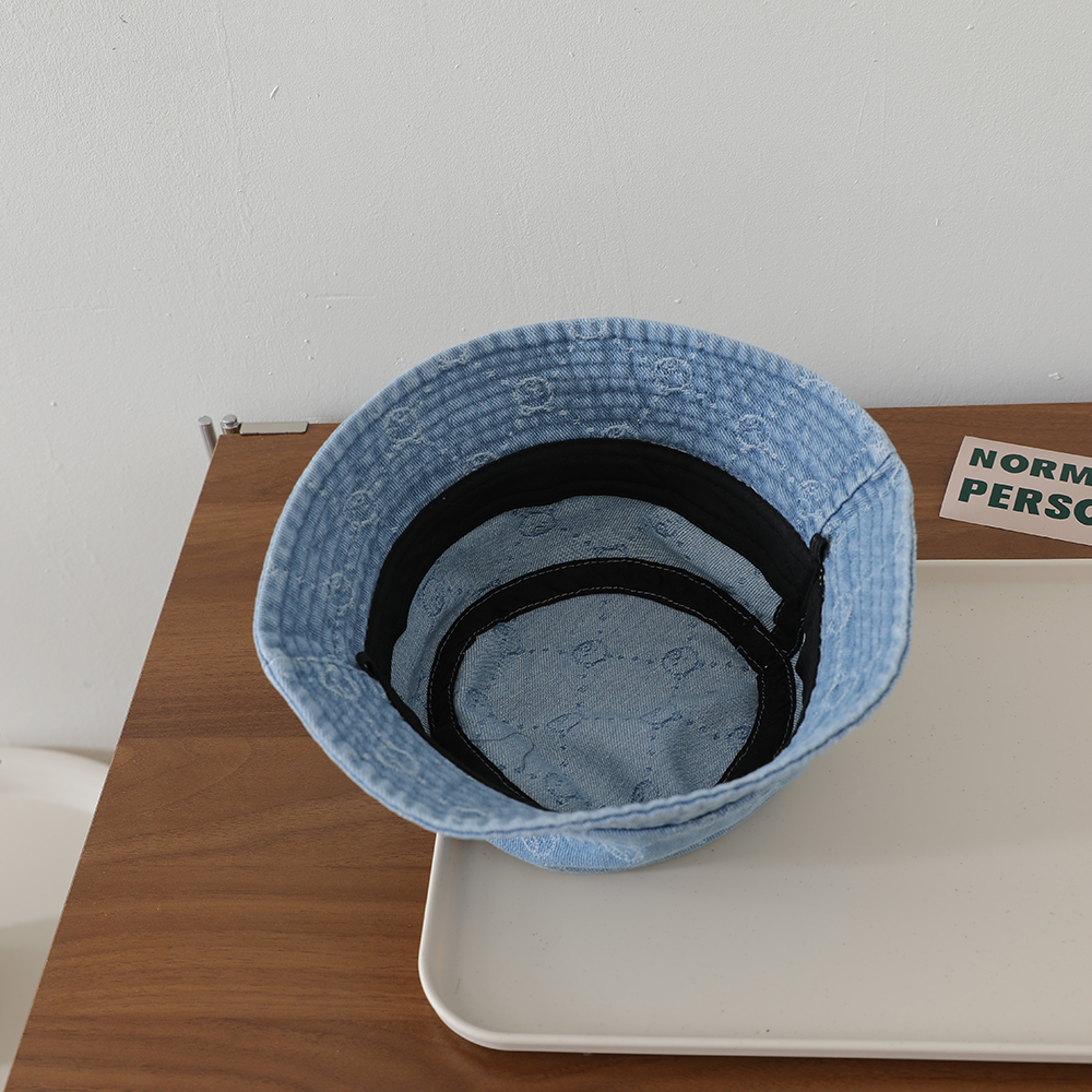 Retro Washed Baby Denim Fisherman Hat With Full Pattern Of Diamond-shaped Jacquard And A Small Bear On The Brim photo 7
