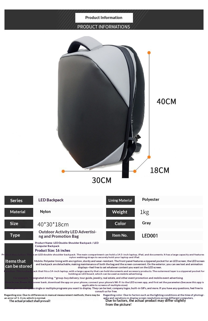 Regular LED Backpack Riding Double Bag DIY Text Animation Polyester Material Hot Sale - Black  Naked Bag photo 3