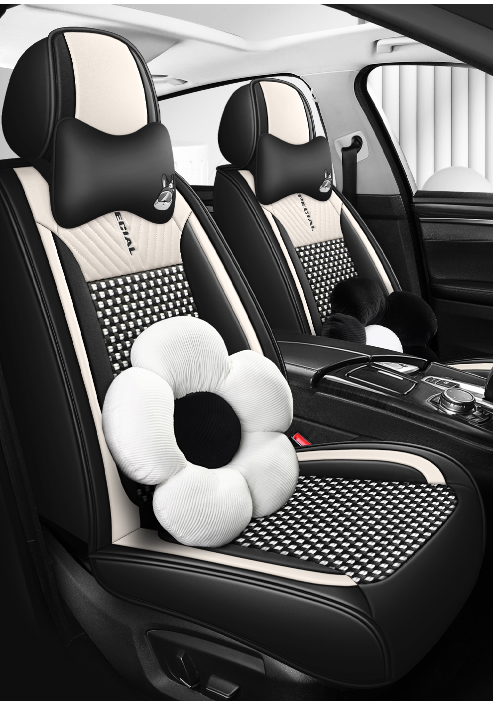 Light Luxury Nordic Style Classic Black White Checkered Plaid Car Seat Covers Full 5-Seat Set Breathable Soft Universal Auto Seat Cushion Protector For Vehicles photo 8
