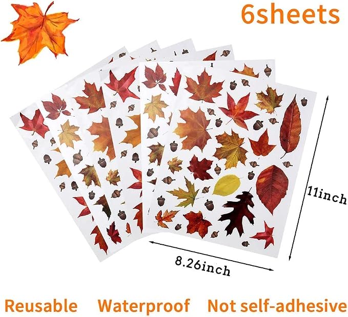 91-Piece Maple Window Clings 6-Sheet Fall Leaves Acorns Stickers For Autumn Thanksgiving And Halloween Decor photo 4