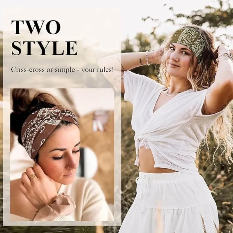 4 Pack Boho Paisley Wide Headbands For Women, Vintage Knotted Elastic Non Slip Sweat Head Wraps, Soft Stretchy Hair Bands For Yoga Sports Running Daily Hair Accessories photo 5