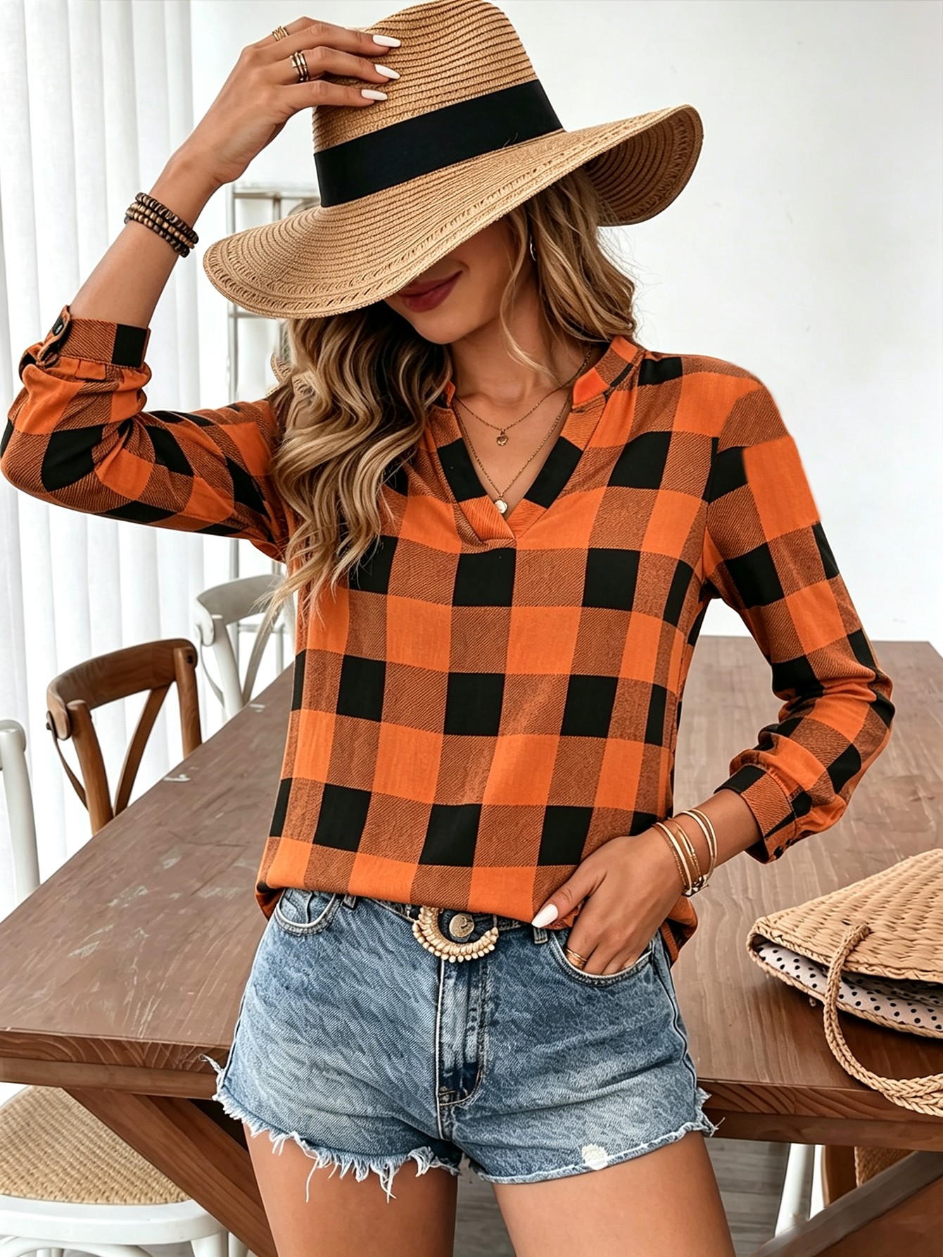 Women's Buffalo Plaid V Neck Blouse, Long Sleeve Notch Collar Tunic Shirt, Casual Fall Plaid Top For Women photo 1