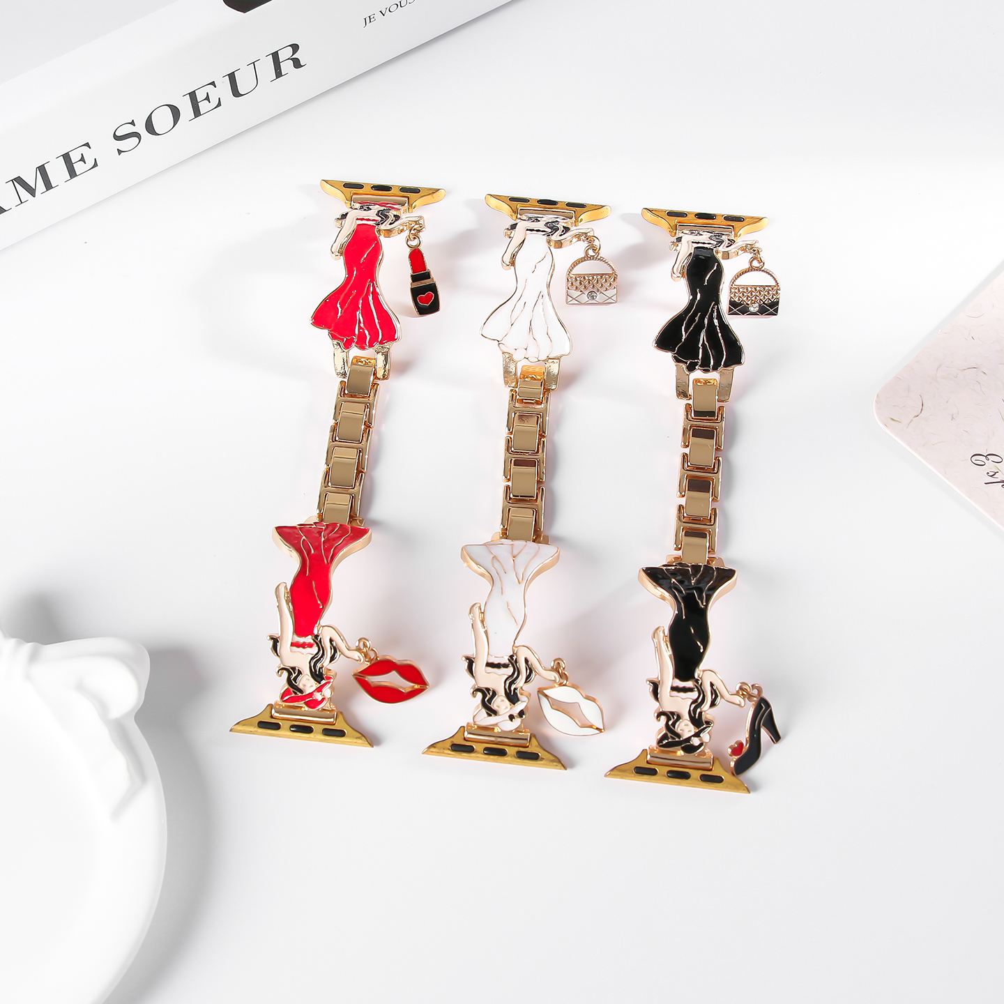 Elegant Lady Enamel Metal Watch Band For IWatch Series 10 9 8 7 6 5 4 3 2 1 SE Ultra, Cute Dress Girl Charm Bracelet Strap, Women Fashion Replacement Wristband photo 5
