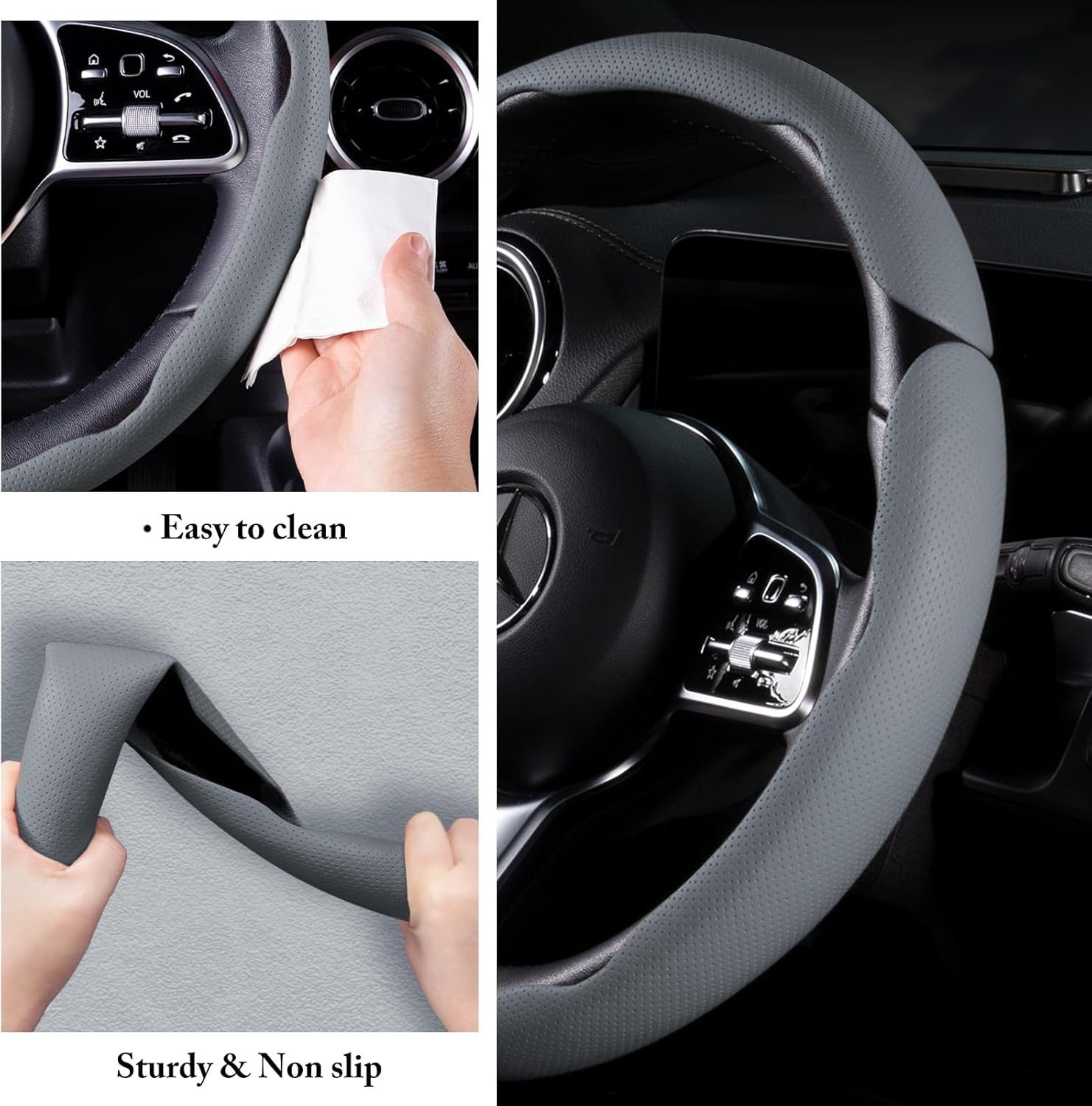 Car Steering Wheel Cover - Leather Snap-on - 3-piece Set - Anti-slip Protection Cover - Steering Wheel Accessory - Universal Style - Gray photo 2