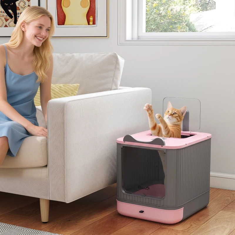 Cat Litter Box With Lid, Enclosed Litter Box For Medium Cats, Front-Entry And Top-Exit, Scoop, Deodorizer Bag, Pink photo 2