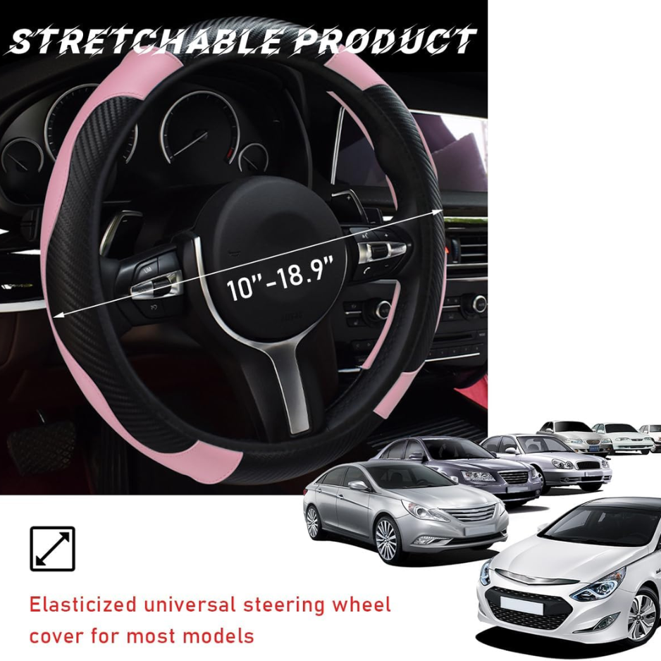 Car Steering Wheel Cover, 15 Inch Leather Breathable Auto Steering Wheel Protector, Comfortable Non-Slip Vehicle Steering Wheel Covers, Universal Interior Car Accessories Black&Pink photo 6