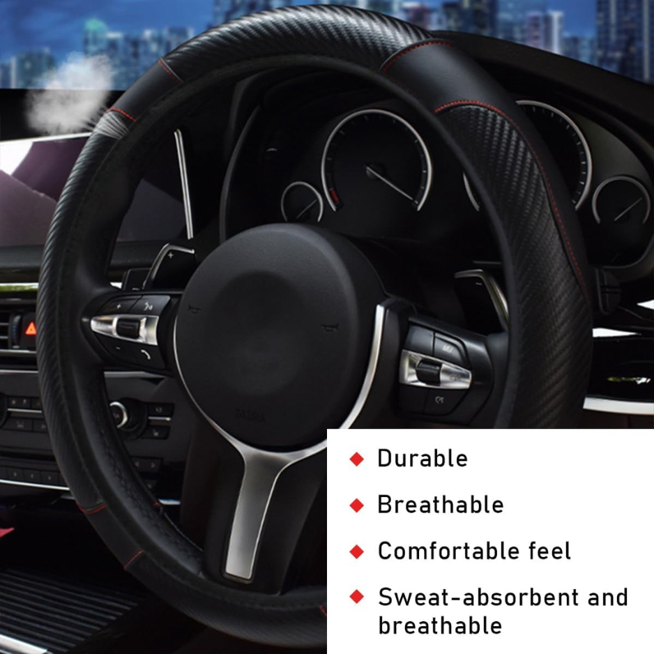 BLACK Car Steering Wheel Cover, 15 Inch Leather Breathable Auto Steering Wheel Protector, Comfortable Non-Slip Vehicle Steering Wheel Covers, Universal Interior Car Accessories photo 5