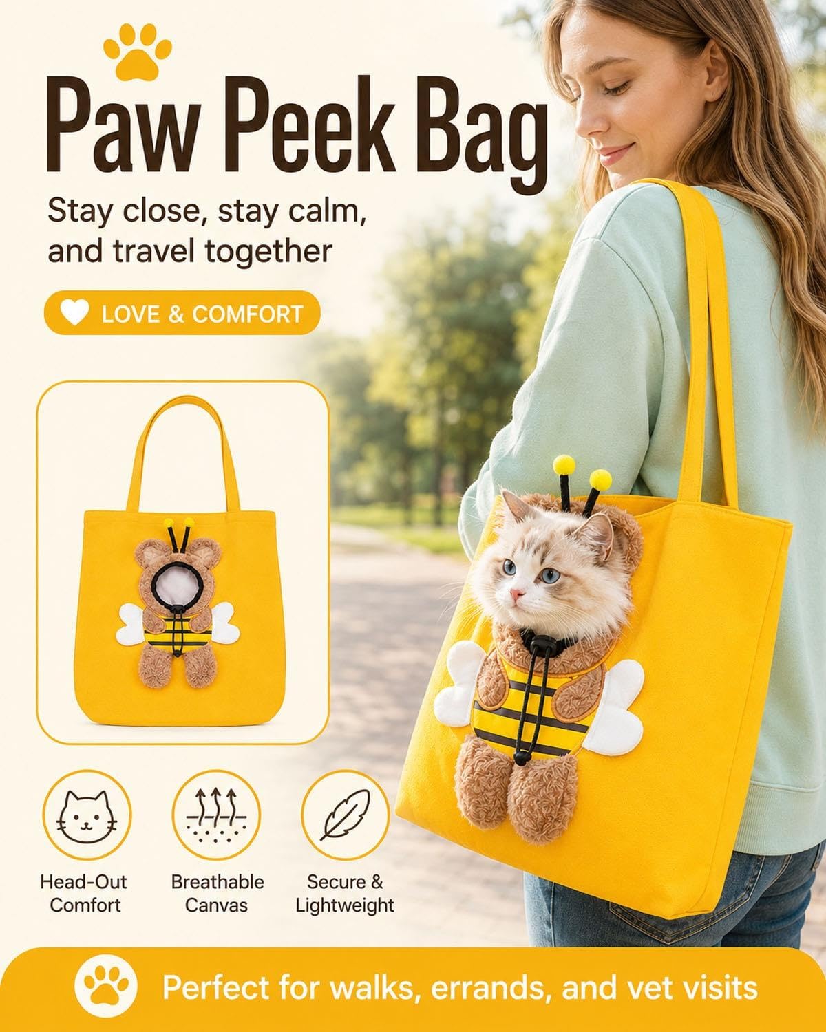 Paw Peek Bag, Breathable Pet Canvas Shoulder Carrier, Cat Dog Tote Colorful Animal Shapes Carrying Bag With Head-Out Design Adjustable Neck Small Dog Cat Carrier For Outdoor Use photo 6
