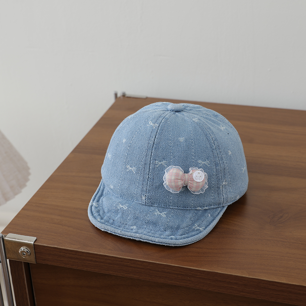 Striped Lace Bow Girl's Denim Baseball Cap, Baby-sized, Washed, Jacquard, Frayed, Heart-shaped Soft Brim Hat photo 3