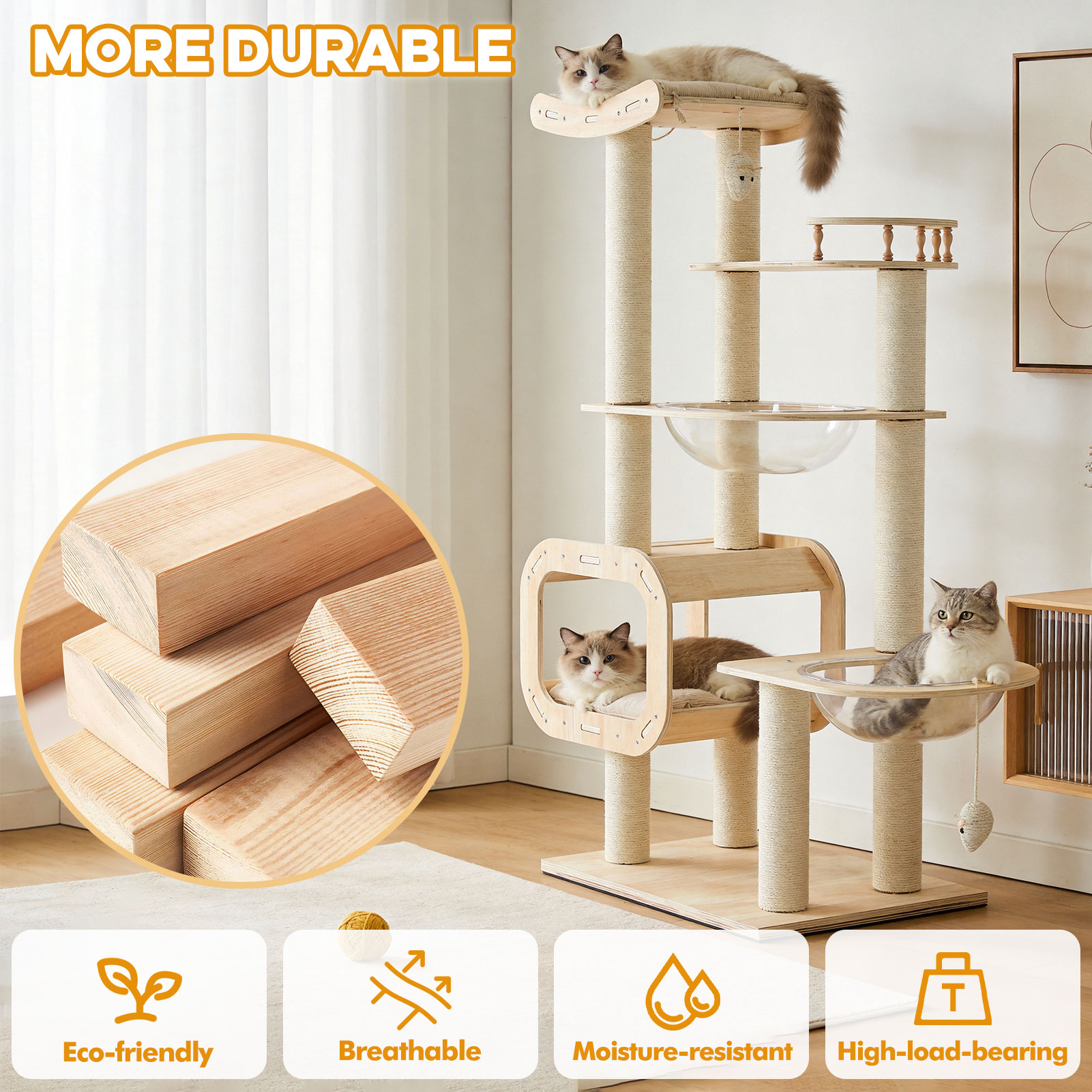 Heavy-Duty No-Drill 4-Story Cat Tree-Solid Wood Multi-Story Boards, Multi-Column Design, 55.9in Cat Tower With Open Condo, Double Space Capsules & Perch, Indoor Cat Furniture For Multi-Cat Families photo 4