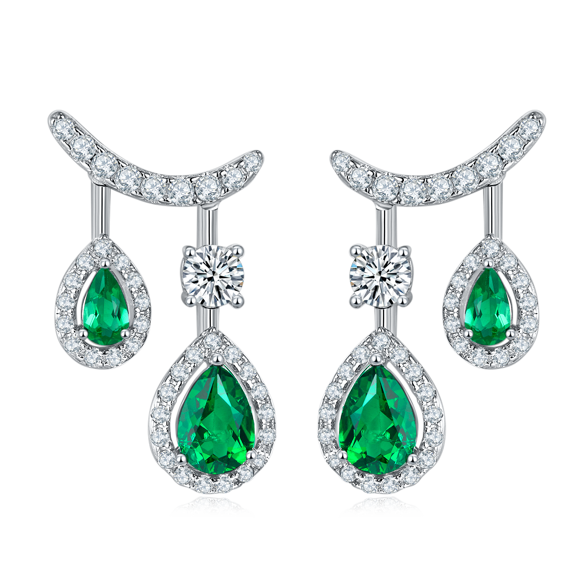S925 Silver 4.9g 1.53ct Lab-Created Emerald Drop Earrings, Double Pear photo 1