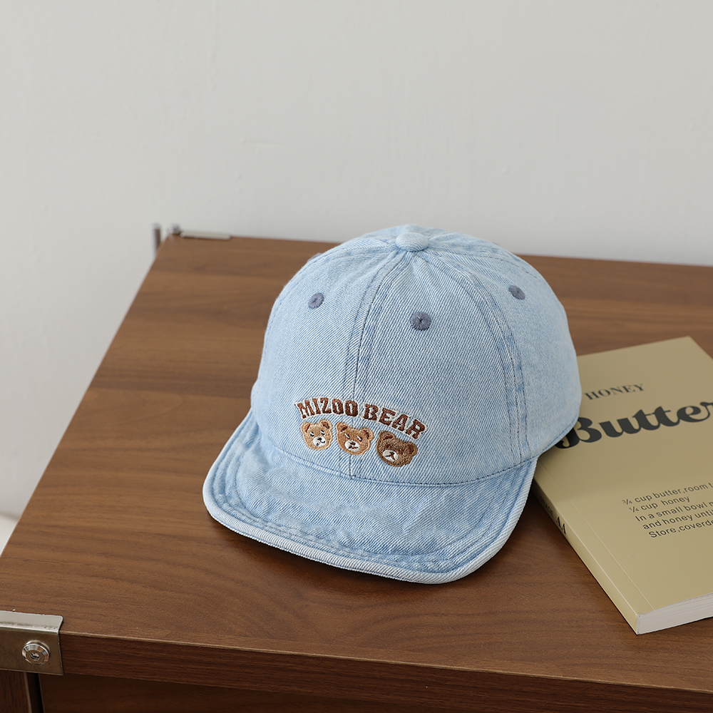Baby Water Washed Denim Retro Beanie With Bear Embroidery And Soft Brim. Spring Autumn Outdoor Breathable Baseball Cap photo 3