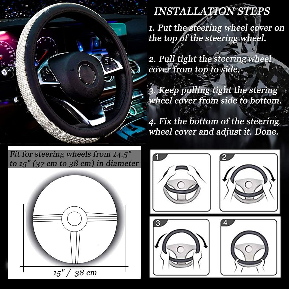 Diamond Leather Steering Wheel Cover With Crystal Rhinestones, Sparkle Decor For Car Interior And Comfortable Grip photo 4