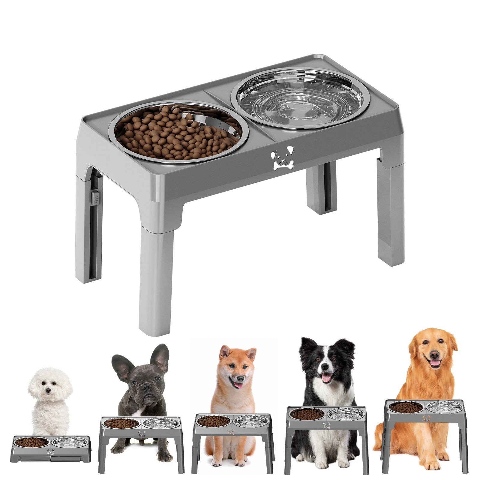 Elevated Dog Bowl 2 Stainless Steel Bowls, 5 Height Adjustable Stands Pet Medium And Large Dog Bowl Improves Digestion And Neck Support, Easy To Clean photo 2
