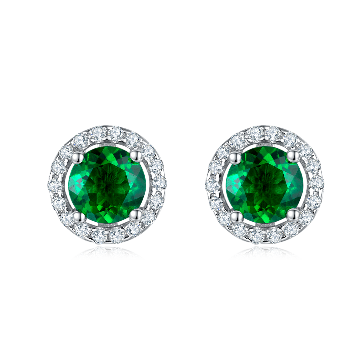 S925 Silver 2.6g Lab-Created Emerald Halo Stud Earrings, 1ct 5mm, Pair photo 1