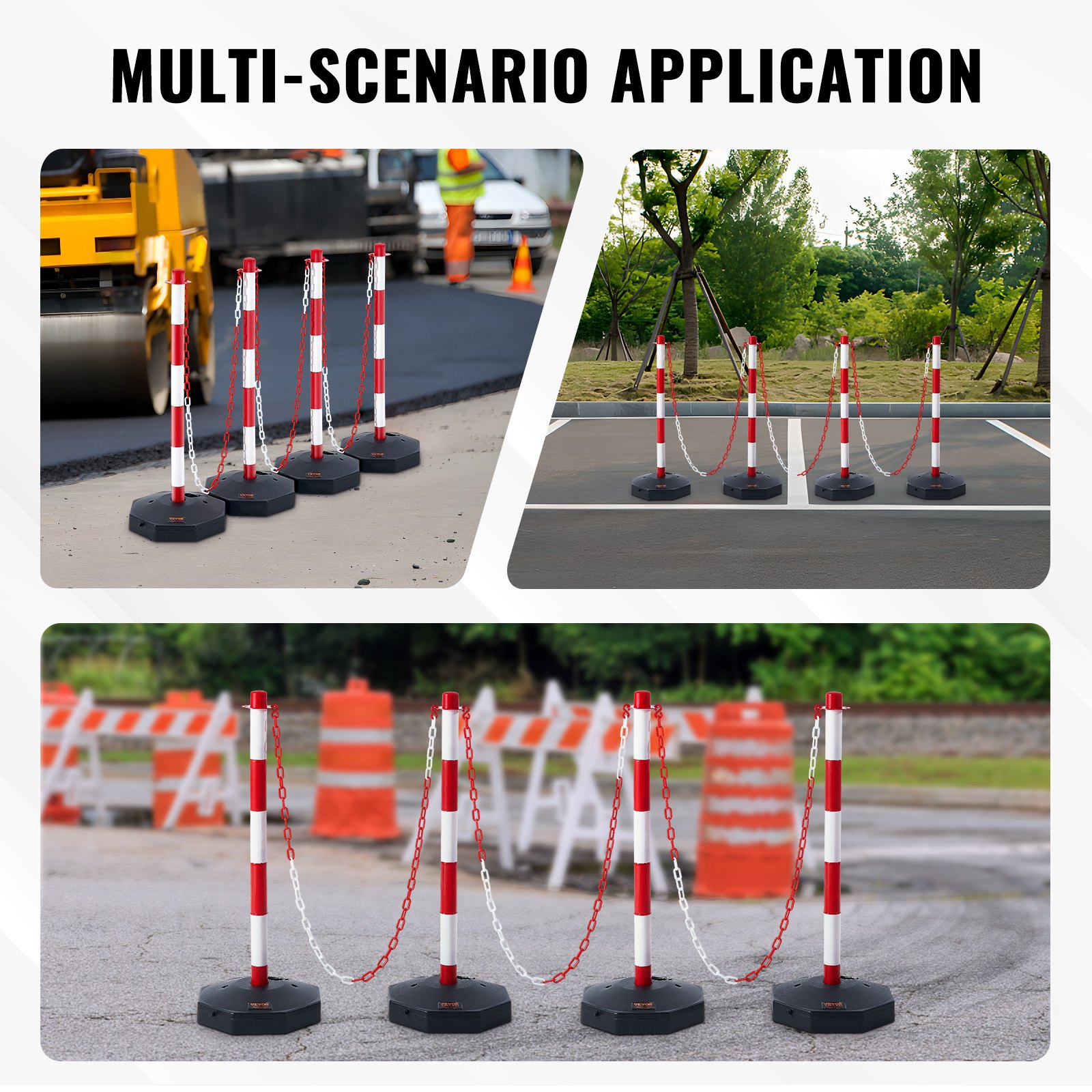 Adjustable Traffic Delineator Post Cones, 4 Pack, Traffic Safety Delineator Barrier With Fillable Base 2.44 M Chain, For Traffic Control Warning Parking Lot Construction Caution Roads, Red & White photo 3