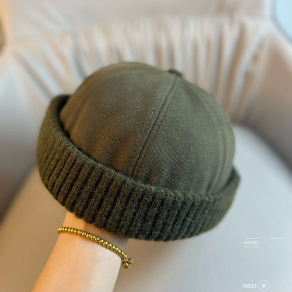 Patchwork Knitted Rolled-edge Vegetable-pulp Hat For Autumn And Winter, Made Of Cotton, With A Retro And Simple Design, Suitable For Workwear, Without A Brim, For A Lord-like Look photo 3