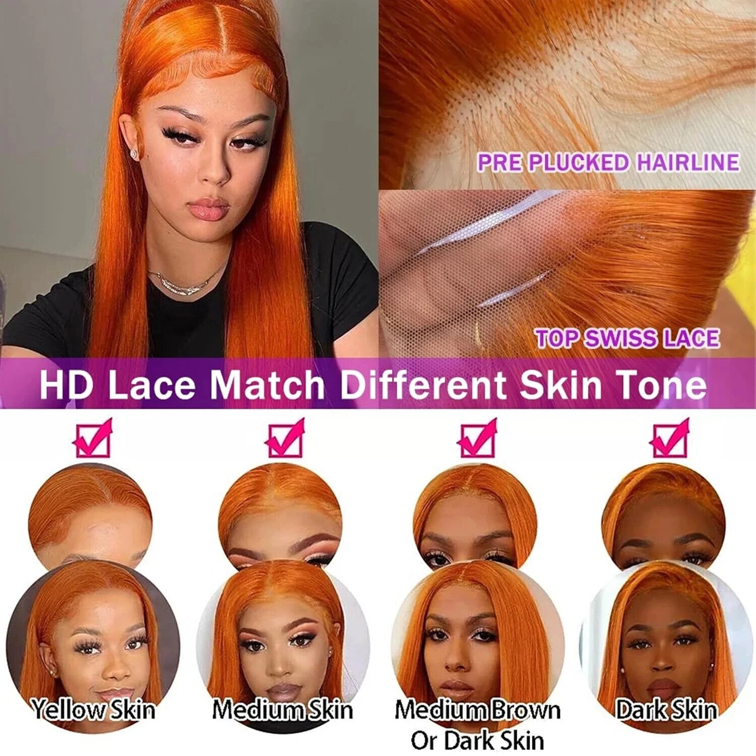 13x4 Straight Human Hair Lace Front Wig Ginger Yellow Density photo 2