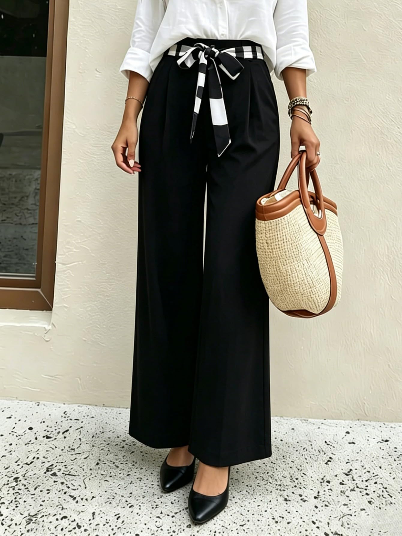 Women's High Waist Wide Leg Suit Pants, Tie Bow Waistband Pleated Dress Trousers, Elegant Office Work Pants photo 1