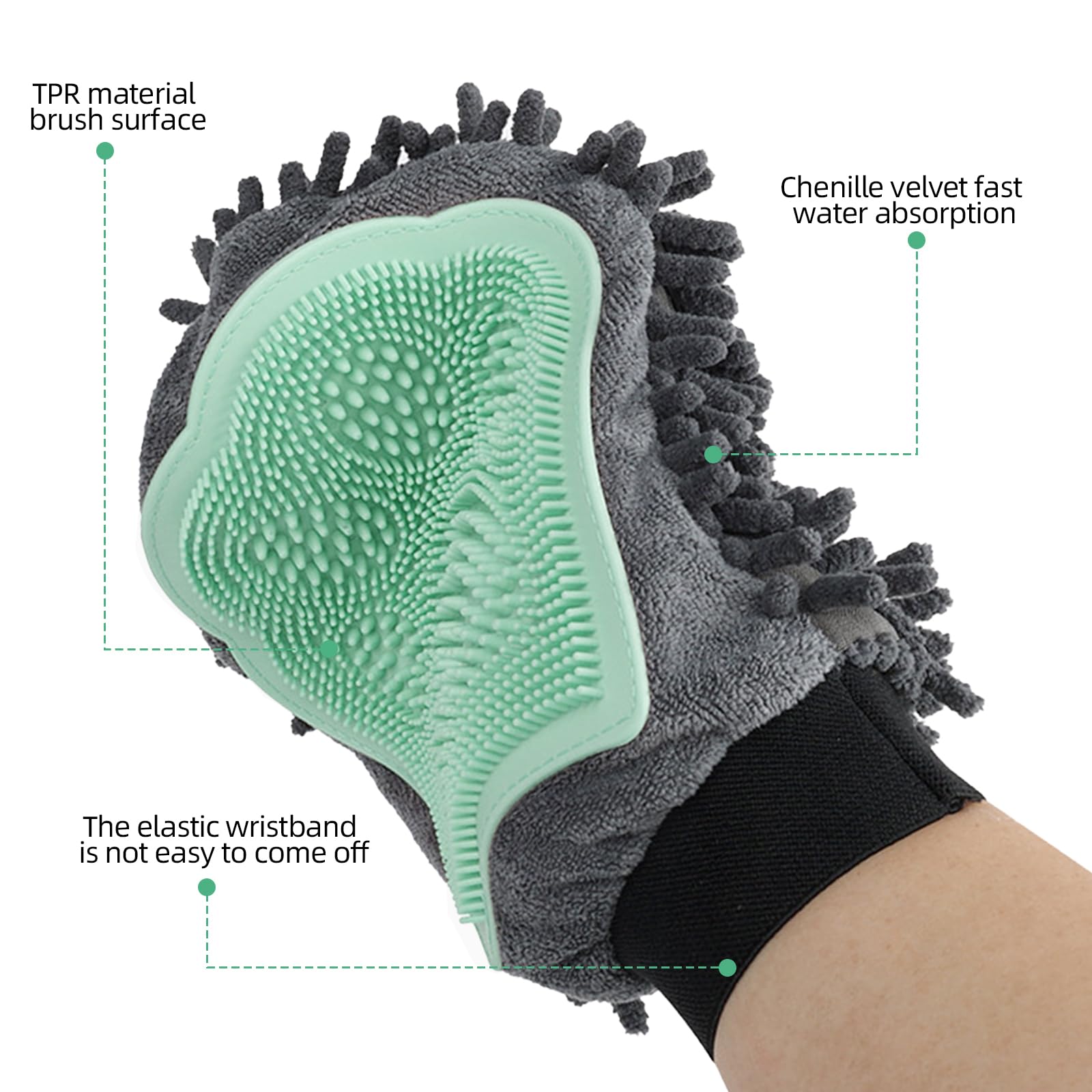 Green Double-Sided Dog Bath Glove Dog Washing Glove For Dogs&Cats Massage Dog Brush Glove,Chenille Absorbent Pet Towel Mitt,Pet Grooming Glove For Hair Removal Glove,Pet Bathing Glove photo 2