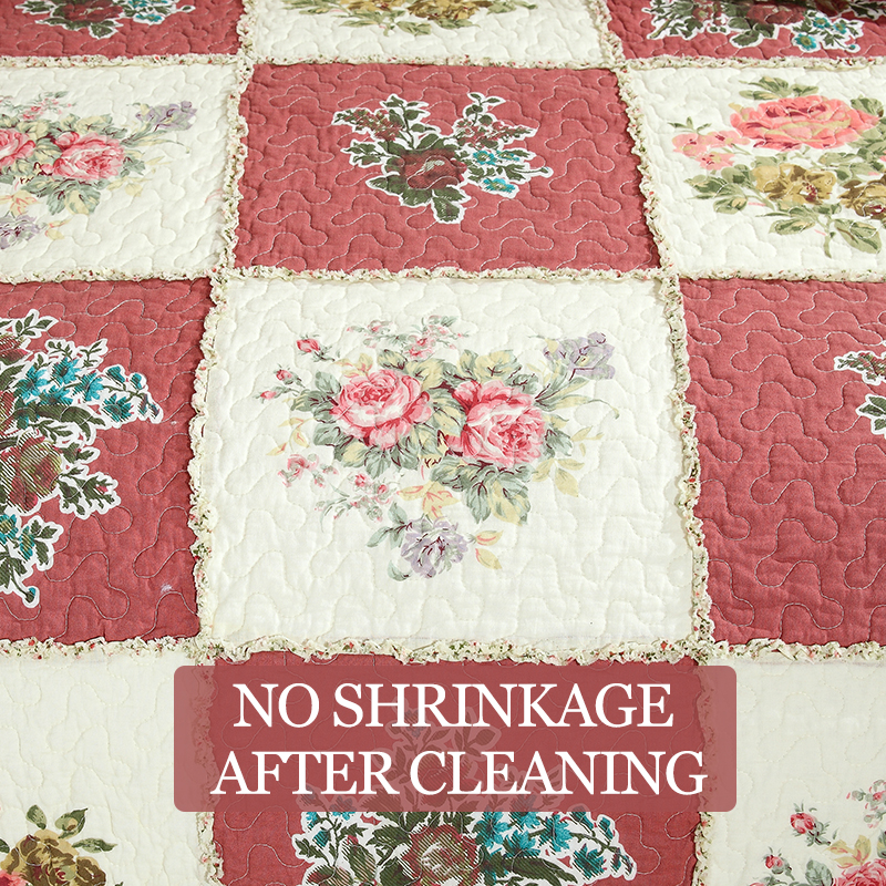 3-Piece Vintage Floral Patchwork Quilted Bedspread Set  Red Beige Rose Grid Scalloped Edge Cotton Filled Quilting Technology Reversible Coverlet Skin-Friendly No Shrinkage Non-Slip Anti-Wrinkle photo 8