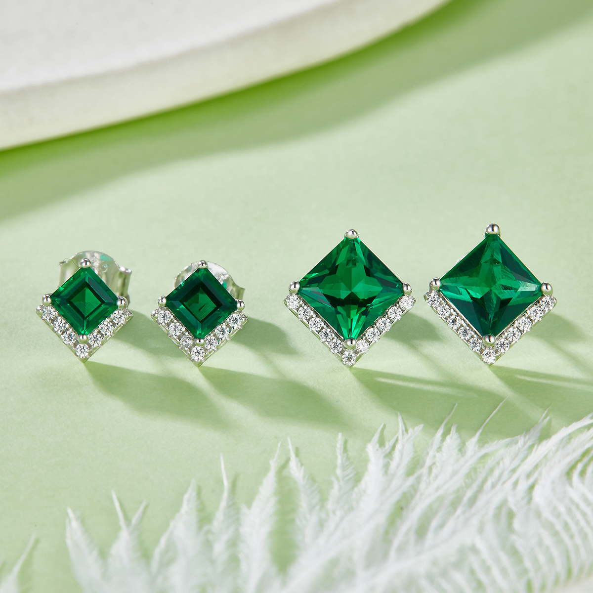 S925 Silver Platinum Plated Lab-Created Emerald Earrings, 0.3&2.5ct Princess Cut Studs, Pair photo 6