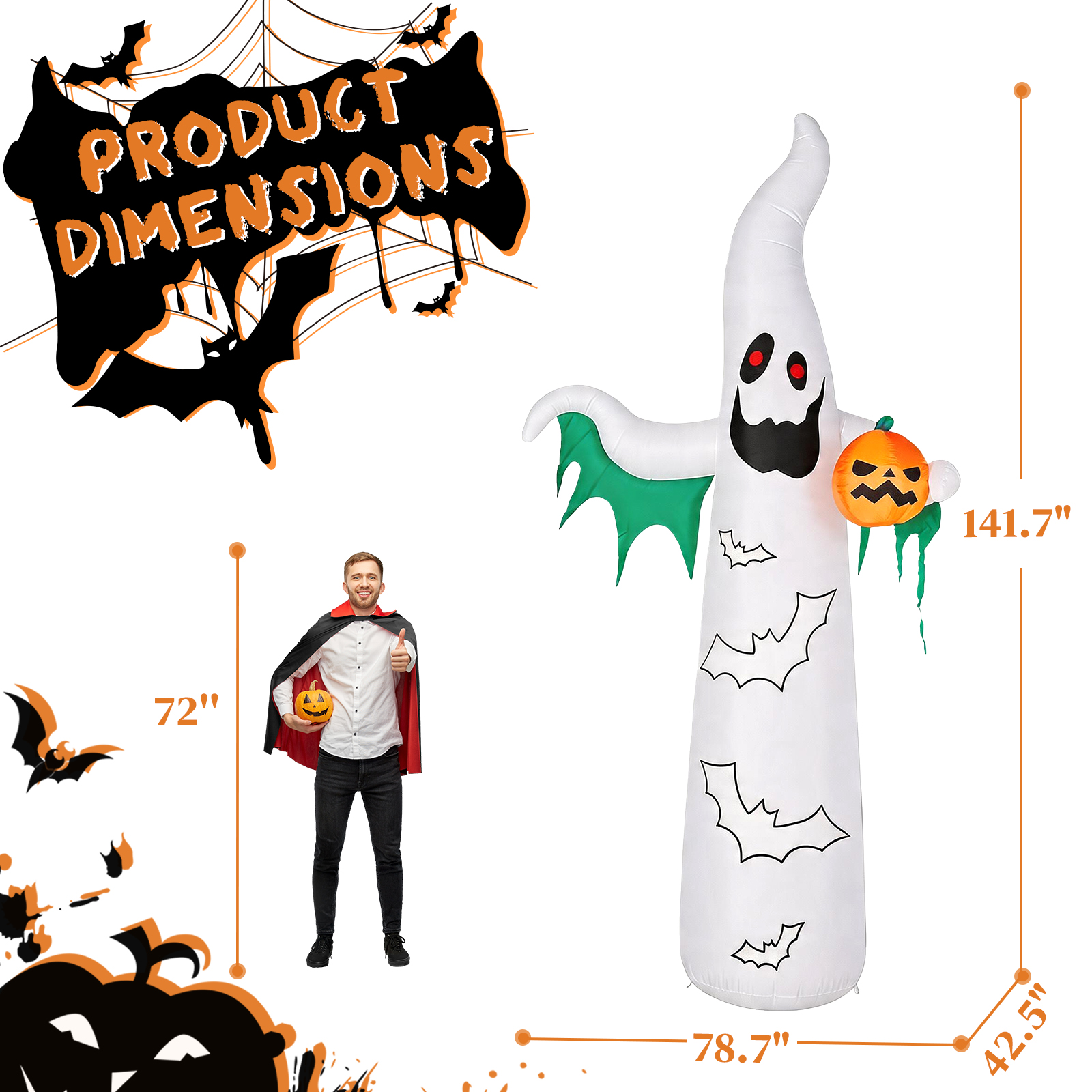 12ft Inflatable Halloween Decor With Flashing Bats & White Ghosts,4 LED Lights - 82 String Lights,White & Green,12V 1500mA US Power Adapter photo 8