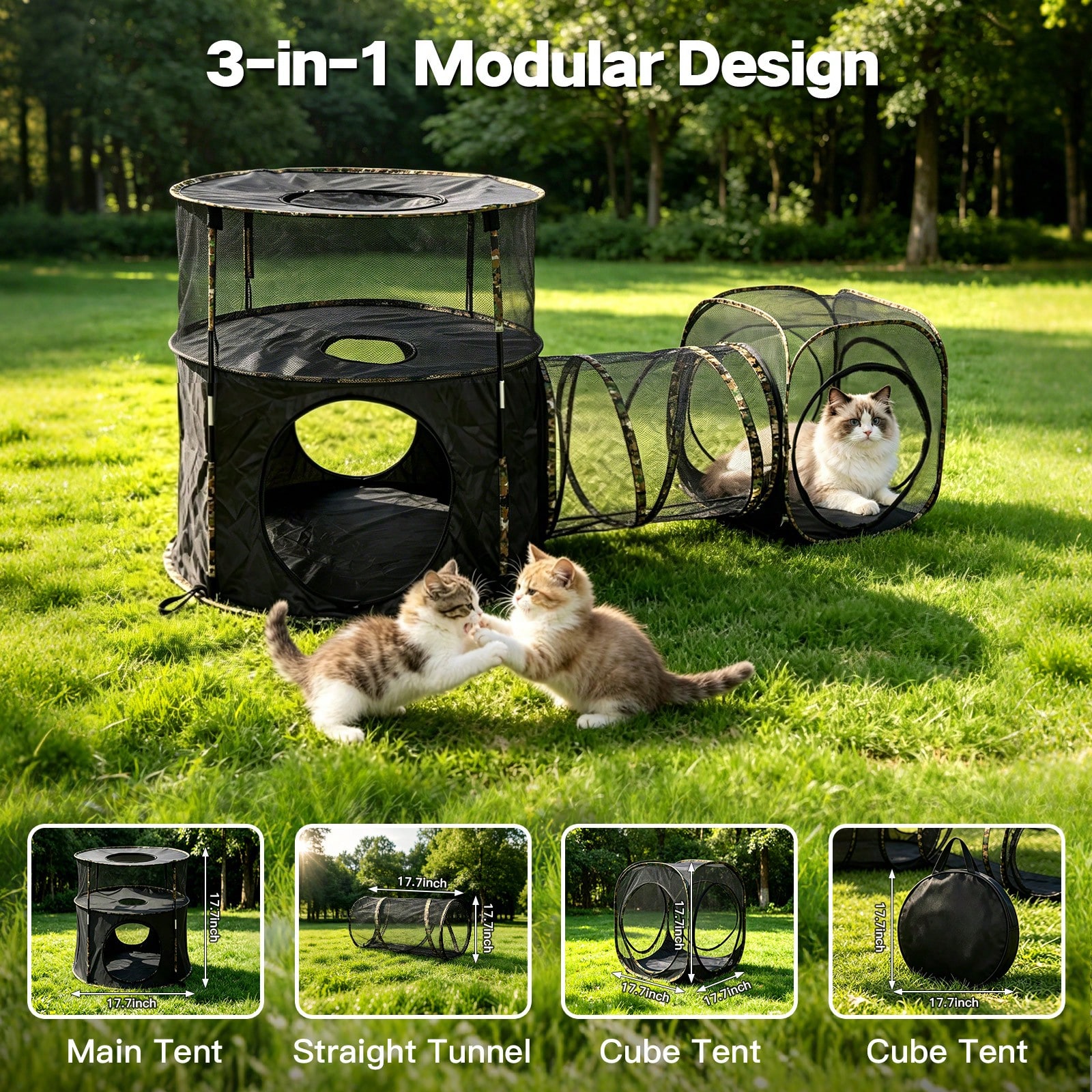 3 In1 Catio Outdoor Cat Enclosure, 2-Tier Cat Tents With Tunnels For Indoor Cats Pop Up Cube, Pet Tower Playpen With Tunnels And Tents photo 2