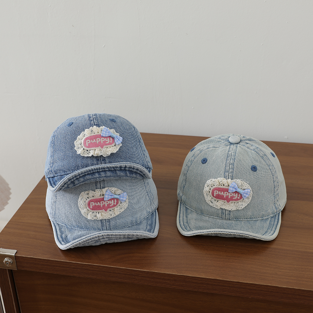 Sweet Style Patchwork Lettered Lace Edging Denim Kids Baseball Cap Washed And Antique Soft Brim Bow Tie Hat photo 2