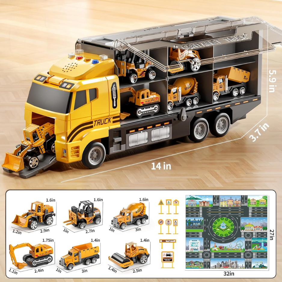 Construction Truck Toy Set For Kids, Die-Cast Toy Vehicles With Play Mat & Transport Carrier Truck, Pretend Play Toys For Boys Ages 3-8 photo 3