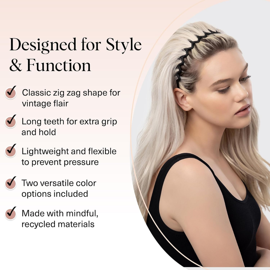 2PCS Zig Zag Headbands For Women, Black & Tortoise Pattern Hair Bands, Non-Slip Stretch Hair Accessories photo 2