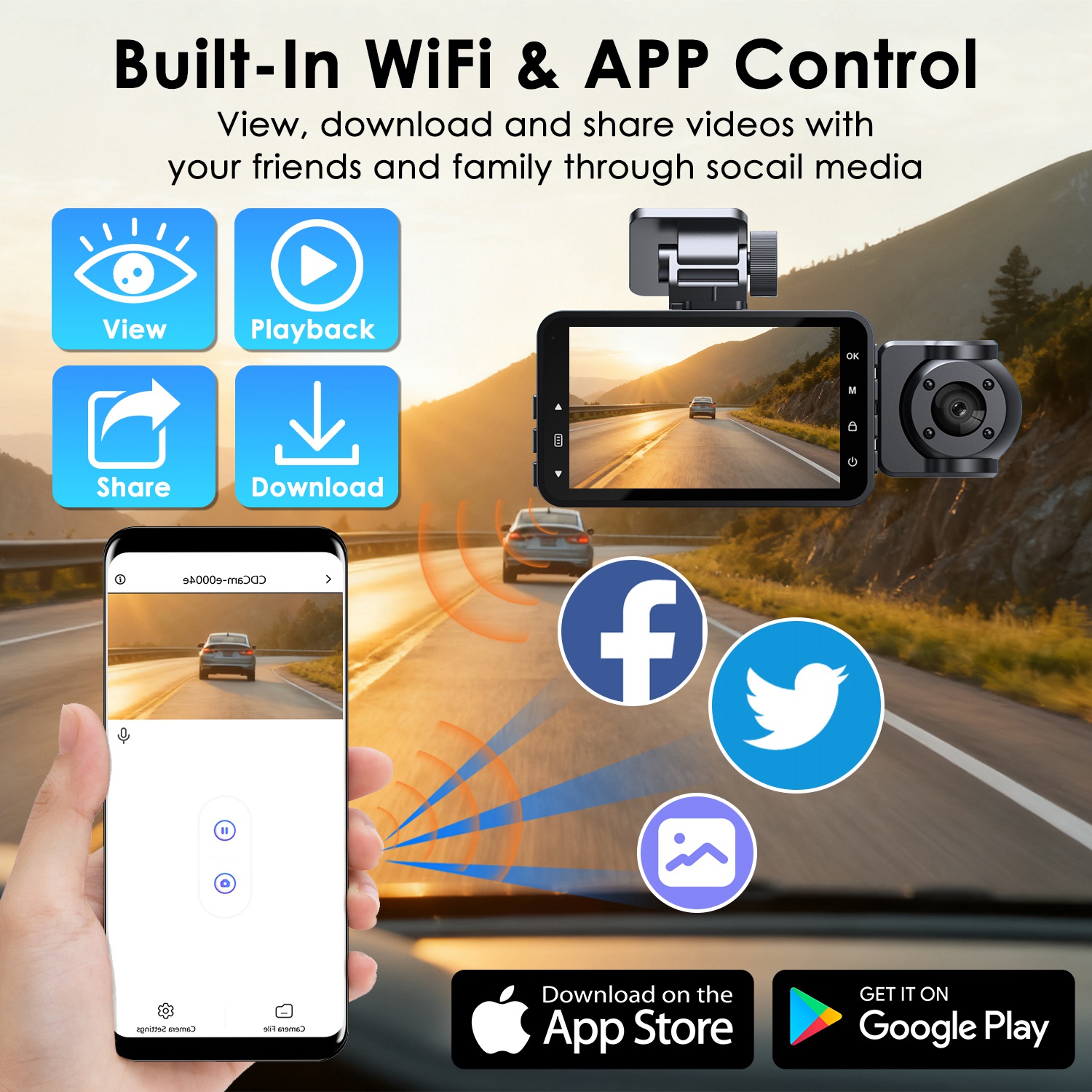 WiFi FHD 1080P 3 Channel Car Dash Cam Front Rear Inside With 32G MMC Card Motion Detection Loop Recording Infrared Night Vision Surveillance Car Camera With App Control photo 4