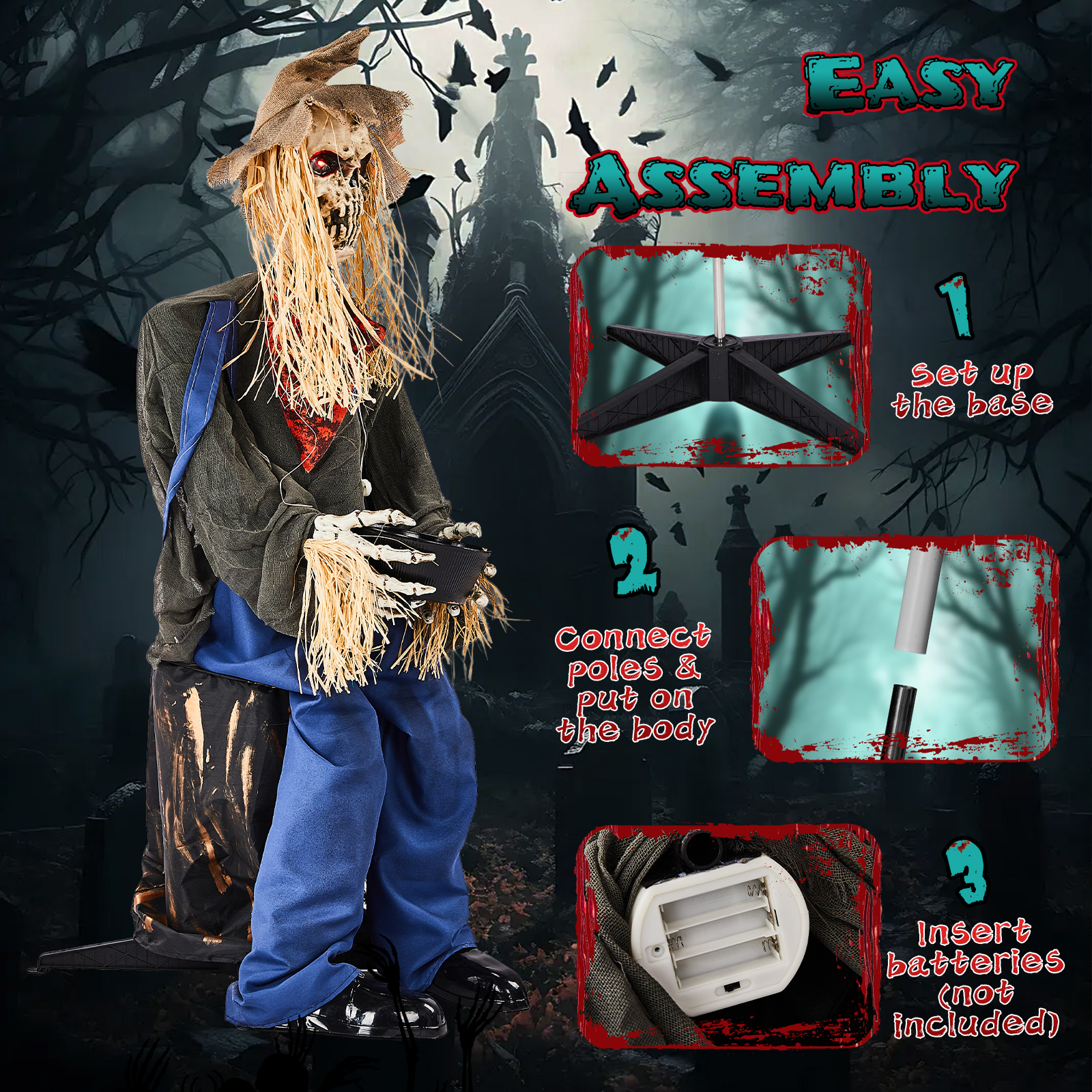 4.5ft Halloween Sitting Scarecrow Decoration With Red Light-Up Eyes,Sound-Activated Head Movement & Male Voice,Detachable Bucket,Battery Operated Batteries Not Included photo 3