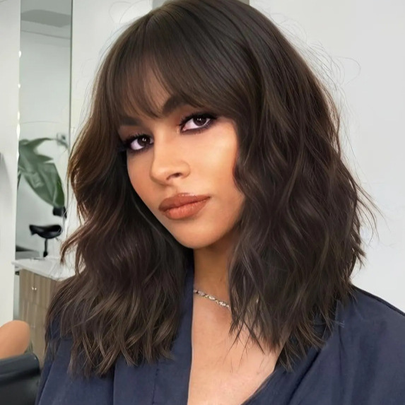 New European & American Style Women Wig, Medium Length Wavy Curly Hair With Bangs, Synthetic Wig, Factory Wholesale Dropshipping photo 1
