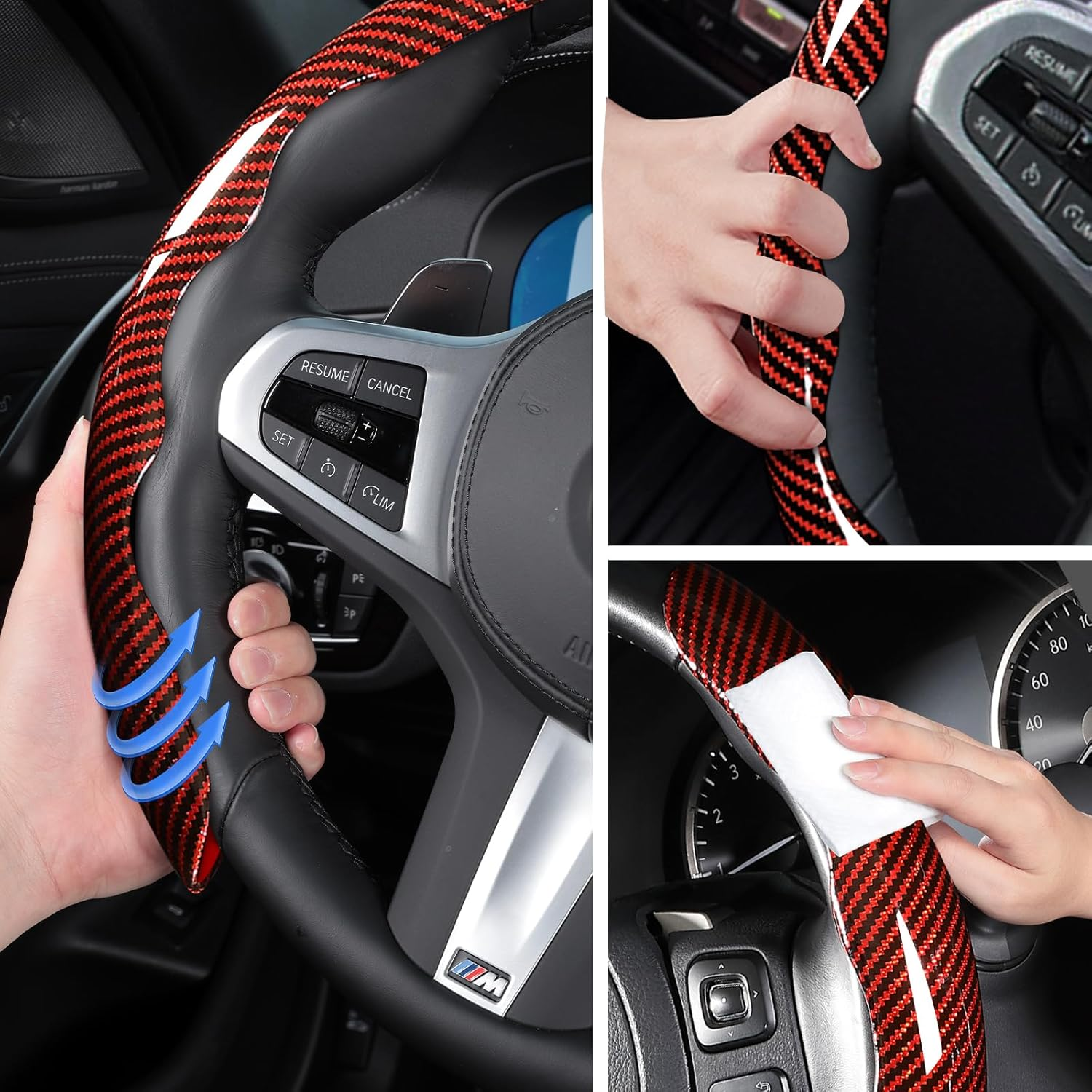 Car Steering Wheel Cover Set Bright Carbon Fiber Wrap Non-Slip 3pcs Steering Wheel Accessories  Universal  Red photo 2