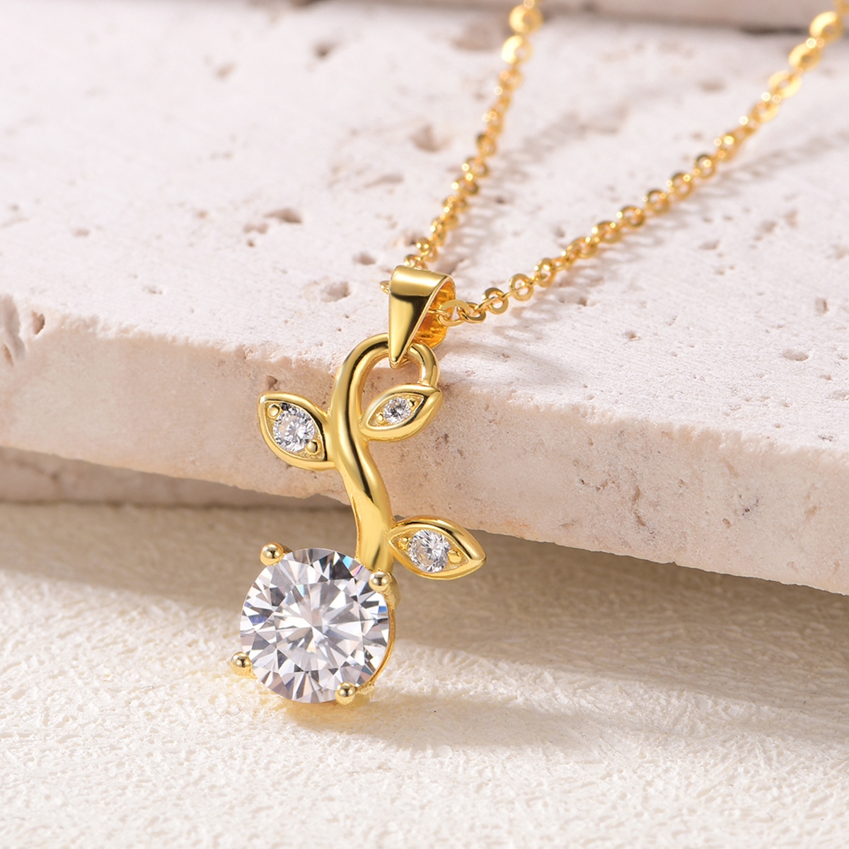S925 Silver Gold Plated Moissanite Leaf Necklace, 7.0mm 1.2CT D VVS1 Round Stone, GRA Certified 45cm Chain photo 2