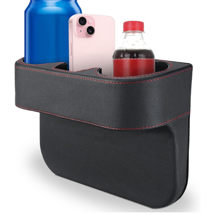 KITUREK Car Cup Holder, PU Leather Cover Auto Front Seat Organizer, Black photo 1