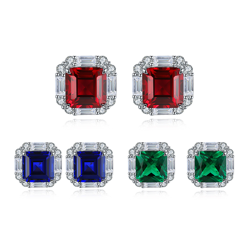 S925 Silver 5g Lab-Created Ruby Sapphire Emerald Studs, 8x8mm Octagon Cut, GRA Certified photo 1