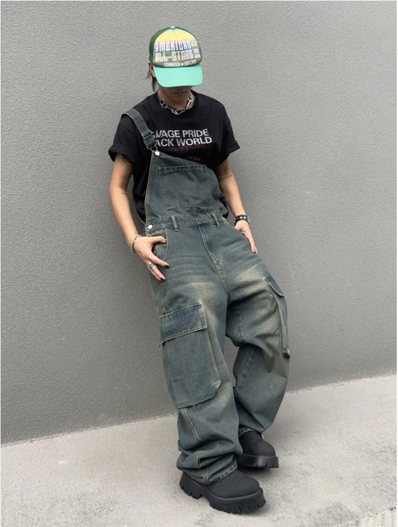 Mens Vintage Denim Bib Overalls Faded Wash Wide Leg Baggy Streetwear Dungarees US Warehouse Ready Stock photo 3