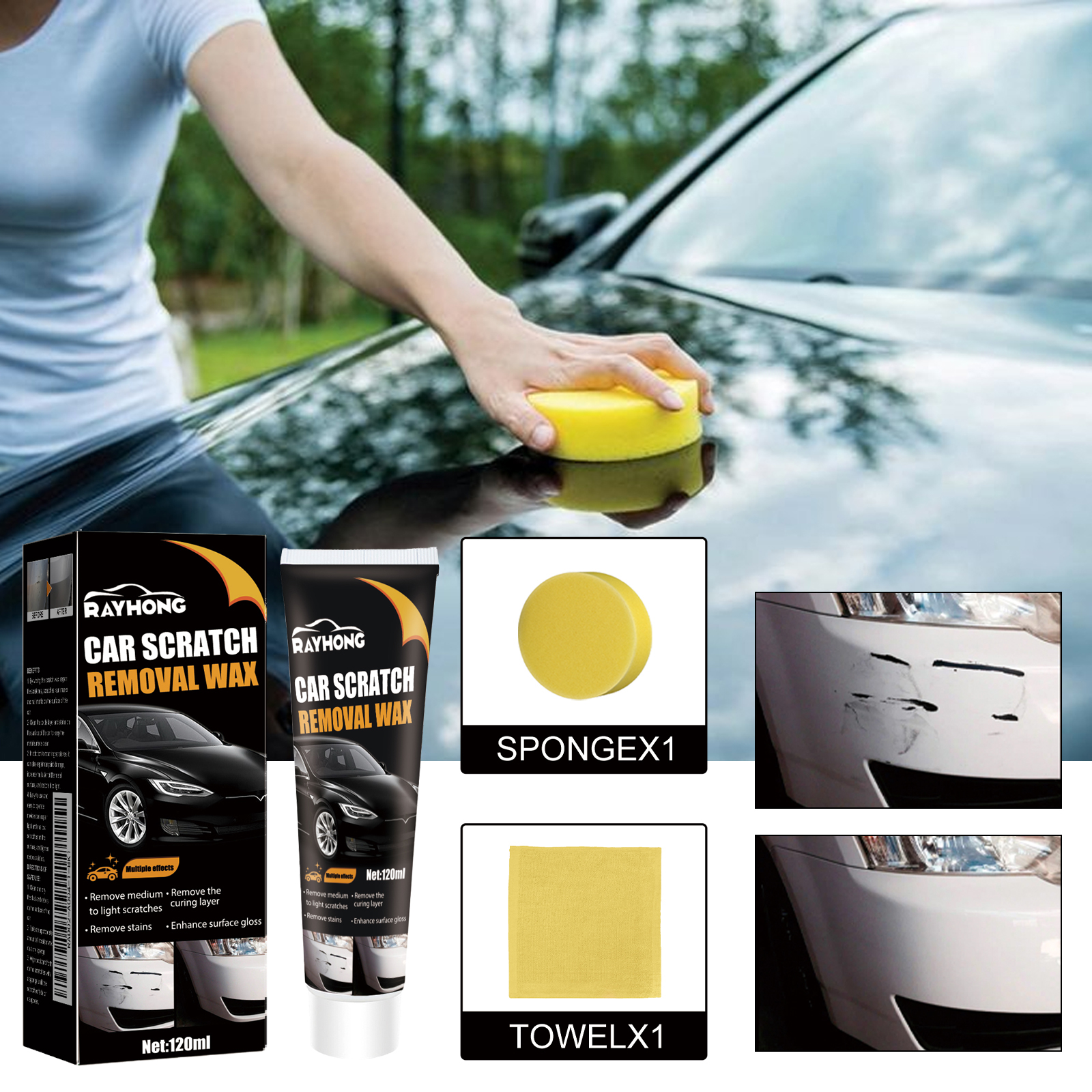 Car Scratch Wax Kit 120ml Bottle-1 Cloth-1 Sponge 1Box photo 2