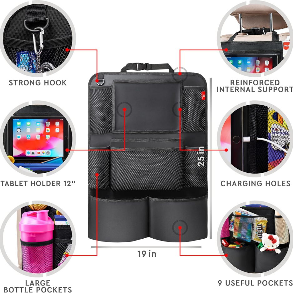 Backseat Car Organizer 2 Units, Kick Mat And Seat Back Protector With Tablet Holder And 9 Storage Pockets, Black photo 3